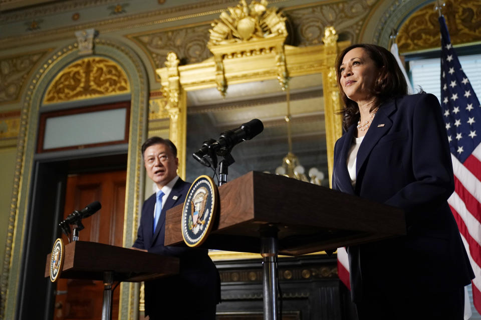 Vice President Kamala Harris meets with South Korean President Moon Jae-in in the ceremonial office in Eisenhower Executive Office Building in the White House complex in Washington, Friday, May 21, 2021. (AP Photo/Andrew Harnik)