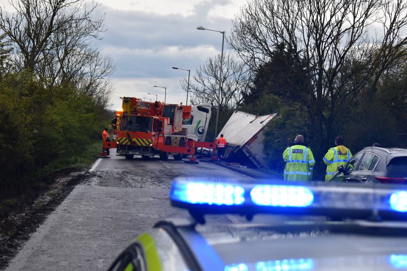 An overturned lorry on the A52 near Grantham