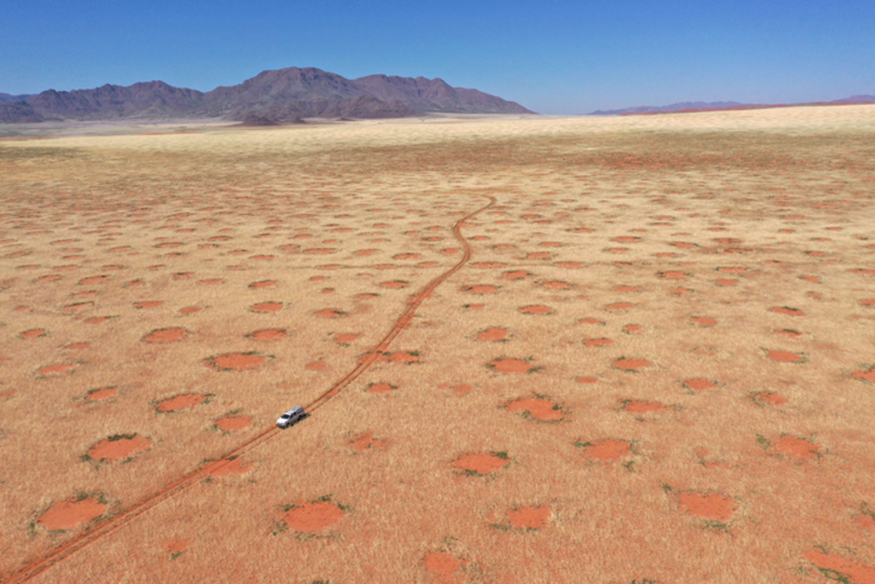 Imagen de un dron que capturó un coche manejando por la Reserva Natural de NamibRand, una de las regiones de círculos de hadas en Namibia donde los investigadores realizaron excavaciones de la vegetación y mediciones de la humedad y la infiltración del suelo (Stephan Getzin)