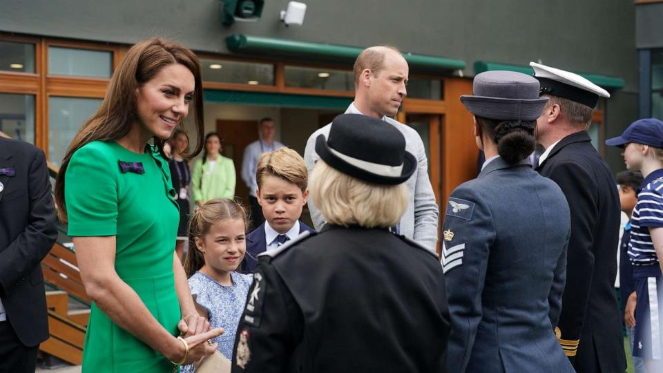 PHOTO: Catherine, Princess of Wales, Princess Charlotte, Prince George and Prince William, Prince of Wales arrive to attend day fourteen of the Wimbledon Tennis Championships, July 16, 2023, in London. (WPA Pool/Getty Images)