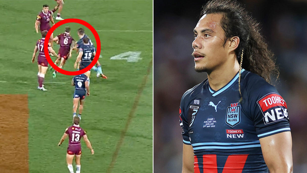 Pictured right is NSW Blues playmaker Jarome Luai in State of Origin Game I.