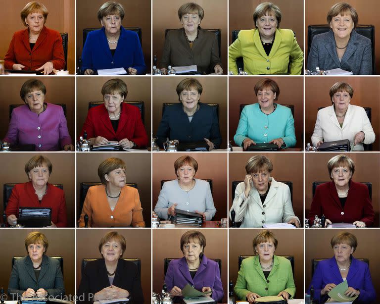 Mismo estilo, distintos colores, viste la canciller alemana Angela Merkel en las reuniones semanales de gabinete de su gobierno en la cancillería de Berlín