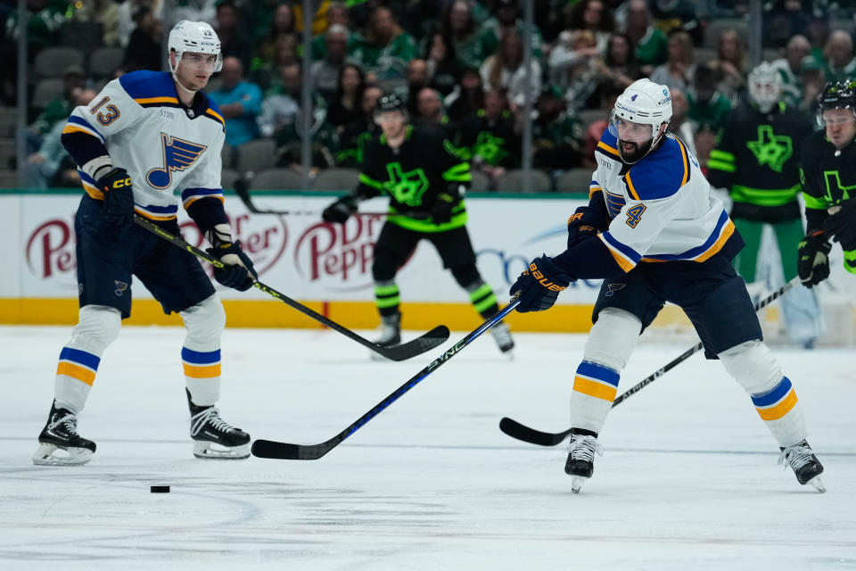 Blues defenseman <a class="link " href="https://sports.yahoo.com/nhl/players/4696" data-i13n="sec:content-canvas;subsec:anchor_text;elm:context_link" data-ylk="slk:Nick Leddy;sec:content-canvas;subsec:anchor_text;elm:context_link;itc:0">Nick Leddy</a> (4) Credit: Chris Jones-USA TODAY Sports