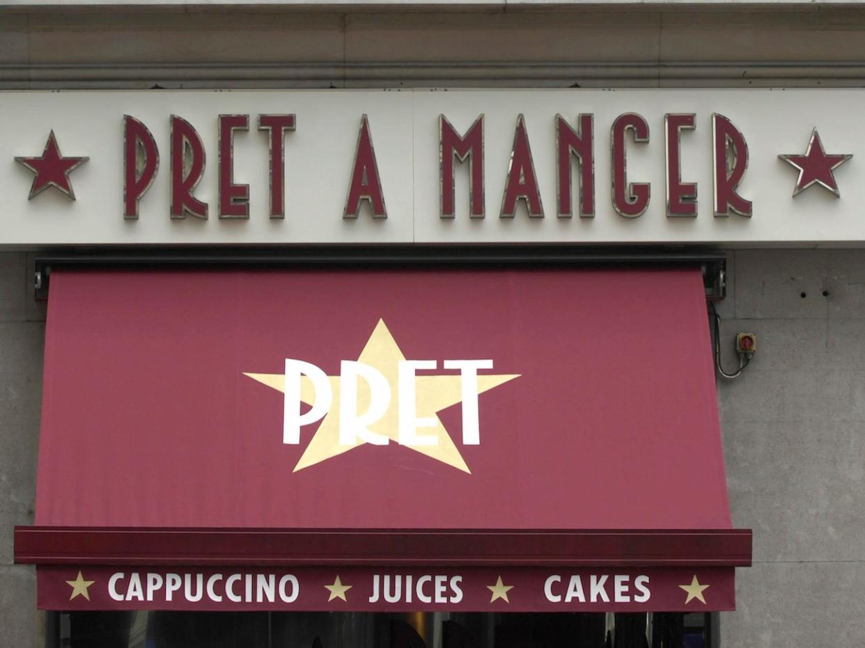 General view of a Pret a Manger store sign on Oxford Street in London.