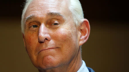 U.S. political consultant Roger Stone, a longtime ally of President Donald Trump, speaks to reporters after appearing before a closed House Intelligence Committee hearing investigating Russian interference in the 2016 U.S. presidential election at the U.S. Capitol in Washington, U.S., September 26, 2017. REUTERS/Kevin Lamarque