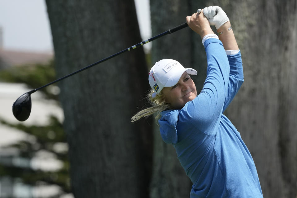 Sweden's Anna Nordqvist hits from the fourth tee at the International Crown match play golf tournament in San Francisco, Thursday, May 4, 2023. (AP Photo/Jeff Chiu)