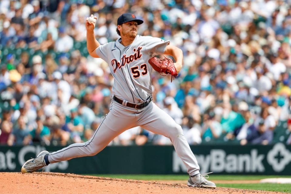Detroit Tigers relief pitcher Mason Englert throws against the Seattle Mariners during the seventh inning at T-Mobile Park in Seattle, Washington on July 16, 2023.