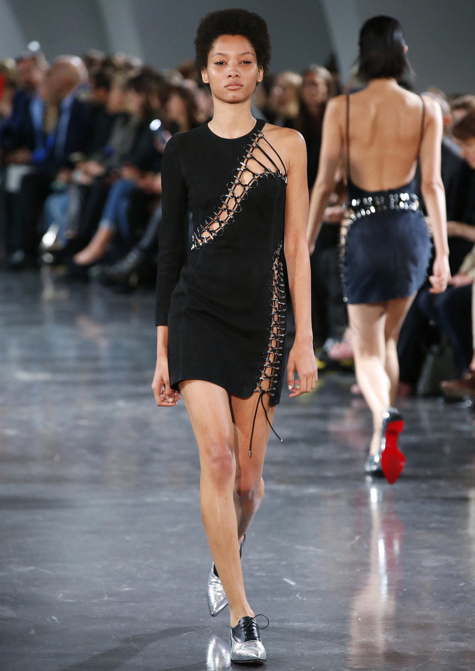 <p>Lineisy stood out for all the right reasons in this black, asymmetrical number at Mugler. </p>