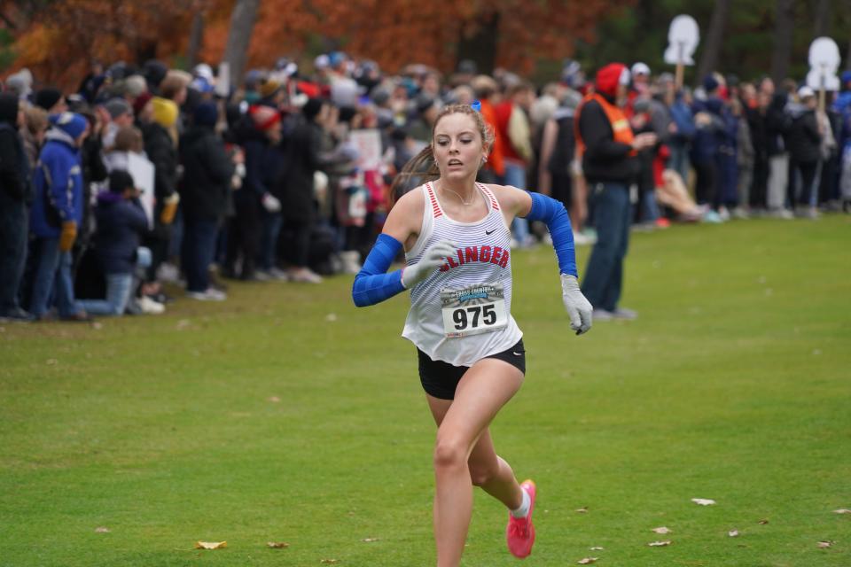 Violet Schulteis of Slinger finished 15th overall as the Owls' second-leading finisher in a team win at the WIAA Division 2 girls state cross country meet at The Ridges Golf Course in Wisconsin Rapids on Saturday Oct. 28, 2023.