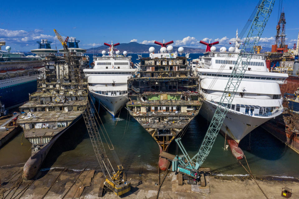 A drone photo shows beached ships at a breaking yard.