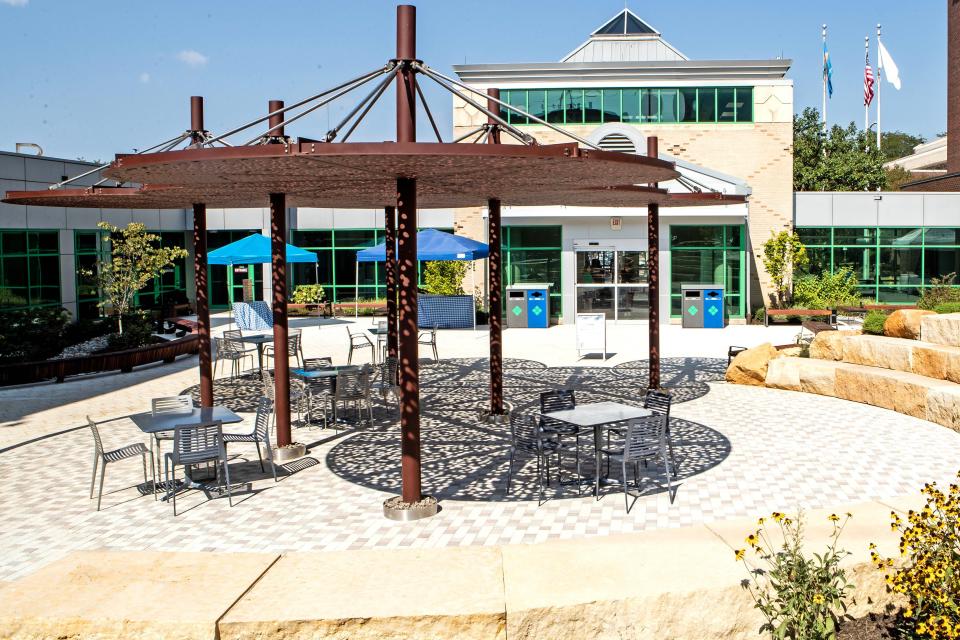 A panoramic view of Delaware Technical Community College Wilmington campu's new courtyard on Wednesday, Sept. 6, 2023. The event marks the completion of DelTech's latest renovations of it's new courtyard and community space.