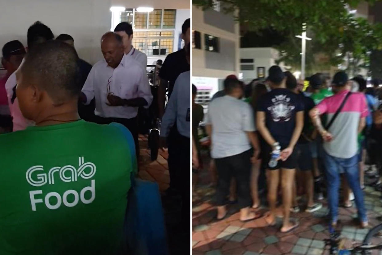 A screengrab from the video (left) posted on Facebook of Law and Home Affairs Minister K Shanmugam meeting PMD riders outside his MPS on Tuesday and a photo (right) of the group of riders who met him. (SOURCE: Edmund Yoke/Facebook)