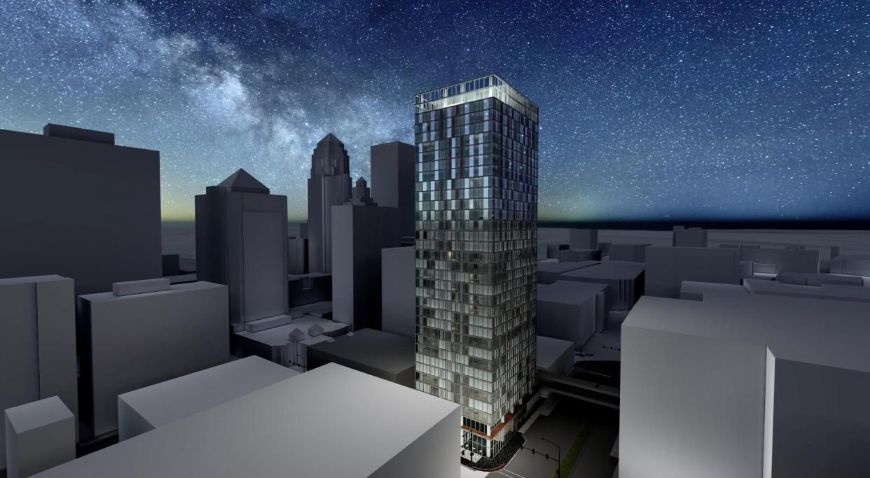 A rendering of 515 Walnut from the southeast. The building is expected to replace the Kaleidoscope at the Hub at 515 Walnut St.