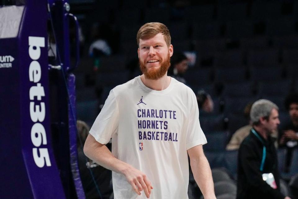 Feb 10, 2024; Charlotte, North Carolina, USA; Charlotte Hornets forward Davis Bertans (9) during the pregame warmups against the Memphis Grizzlies at Spectrum Center. Jim Dedmon/Jim Dedmon-USA TODAY Sports