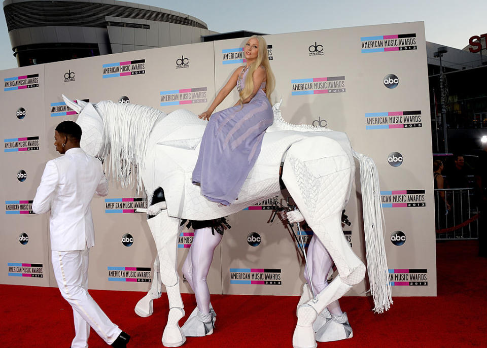 Gaga put a twist on this more classical cut of frock at the American Music Awards in November 2013 - by wearing it while riding a mechanical horse…