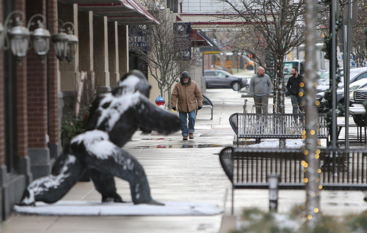 The ape got a snowy chill on Dec. 18, 2023, in front of the downtown South Bend Chocolate Cafe. As temperatures hit single digits in coming days, apes and people and pets better take precautions.