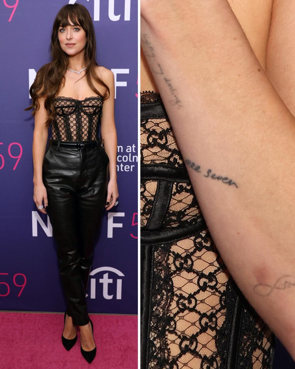 Dakota Johnson on a red carpet (left), and three of her arm tattoos (right).