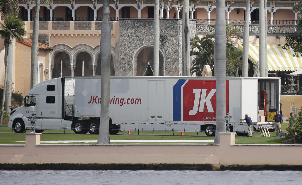 A moving truck is parked at Mar-a-Lago in Palm Beach, Florida, on Jan. 18, two days before Joe Biden's inauguration. (Photo: Terry Renna/ASSOCIATED PRESS)