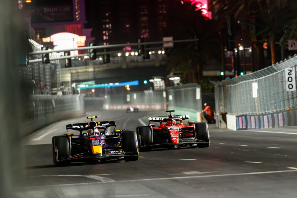 Sergio Perez of Mexico driving the (11) Oracle Red Bull Racing RB19 Honda RBPT and Charles Leclerc of Monaco driving the (16) Scuderia Ferrari SF-23 Ferrari  during the Free Practice 3, Formula 1 Heineken silver Las Vegas Grand Prix 2023 on November 17th, 2023 in Las Vegas USA (Photo by Alessio Morgese/NurPhoto via Getty Images)