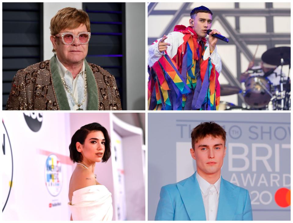 Clockwise from top: Elton John, Olly Alexander, Sam Fender and Dua Lipa have signed a letter calling on the government to ban 'conversion therapy': Getty