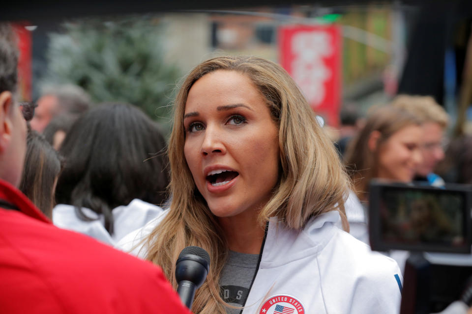 Olympian Lolo Jones is interviewed during an event in Times Square to celebrate 100 days from the start of the PyeongChang 2018 Olympic Games in South Korea, in New York, U.S., November 1, 2017.  REUTERS/Lucas Jackson