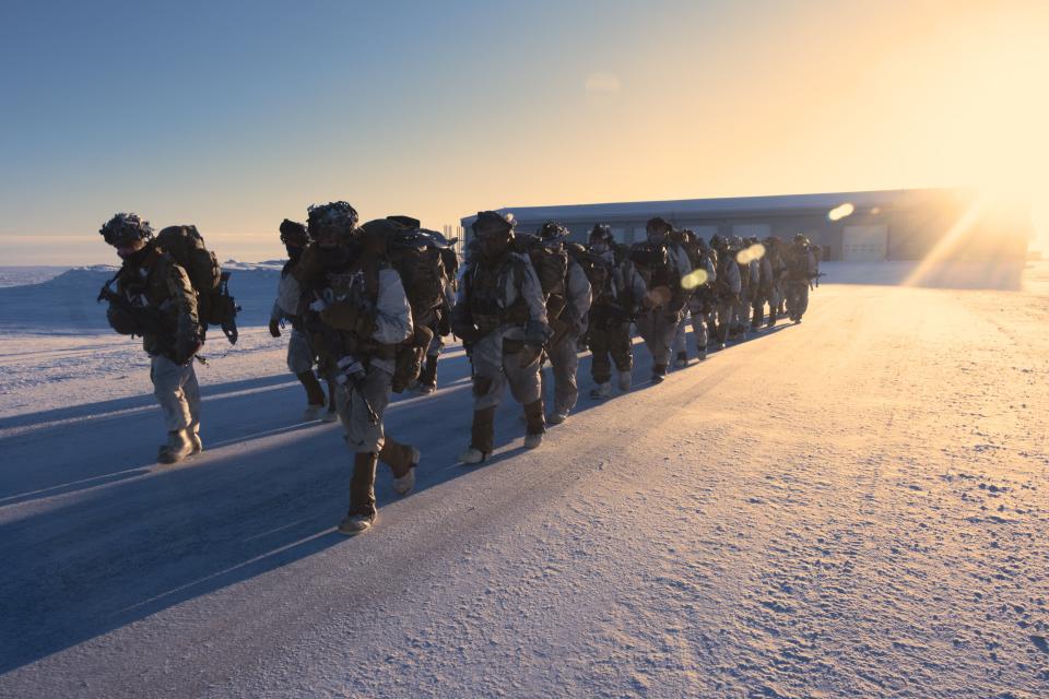 U.S. Army Soldiers assigned to 1st Infantry Brigade Combat Team, 11th Airborne Division, move to their objective outside of Utqiagvik, Alaska as part of Joint Pacific Multinational Readiness Training Center 24-02, Feb. 15, 2024.