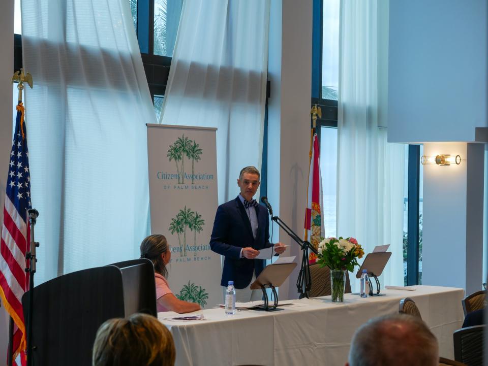 Palm Beach Town Council candidate John David Corey delivering his opening statement during the candidate forum organized by the Citizens' Association of Palm Beach.