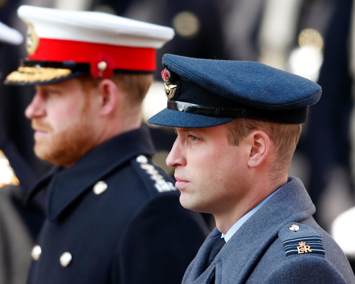 LONDON, UNITED KINGDOM - NOVEMBER 10: (EMBARGOED FOR PUBLICATION IN UK NEWSPAPERS UNTIL 24 HOURS AFTER CREATE DATE AND TIME) Prince Harry, Duke of Sussex and Prince William, Duke of Cambridge attend the annual Remembrance Sunday service at The Cenotaph on November 10, 2019 in London, England. The armistice ending the First World War between the Allies and Germany was signed at Compiegne, France on eleventh hour of the eleventh day of the eleventh month - 11am on the 11th November 1918. (Photo by Max Mumby/Indigo/Getty Images)