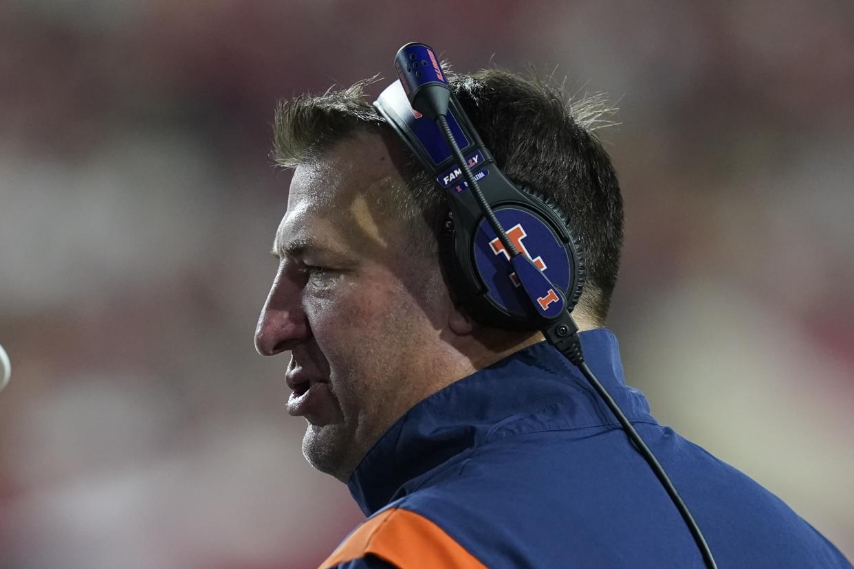 Illinois head coach Bret Bielema watches during the first half of an NCAA college football game against Indiana, Friday, Sept. 2, 2022, in Bloomington, Ind. (AP Photo/Darron Cummings)