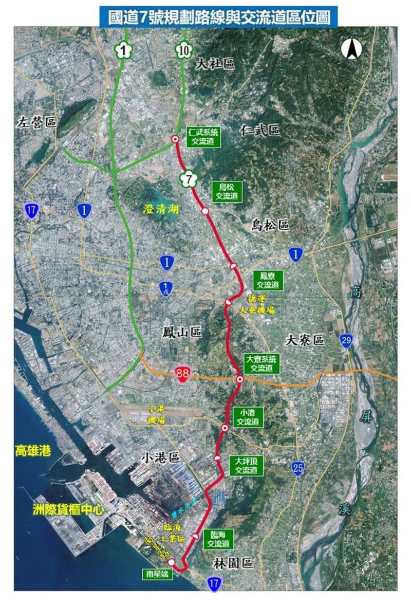 ▲國7高雄路段全長23公里，由小港南星路出發，沿高雄東側山麓經小港、林園、大寮、鳳山、鳥松、仁武等區，至國道10號，與高屏第二快速道路設置系統交流道，轉銜至國1。（圖／高雄市交通局提供）