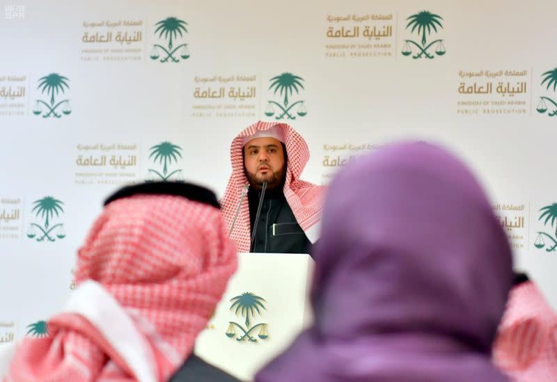 Saudi Deputy Public Prosecutor and spokesman Shalaan al-Shalaan delivers a speech in Riyadh