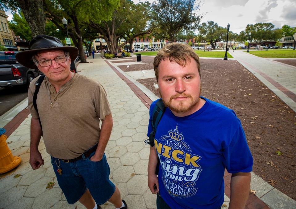 Nick Karlowa and his father Allen Karlowa, both homeless and living at Lighthouse Ministries. Nick, who is autistic, was trespassed out of the park by a Lakeland police officer. He was later allowed to return to Munn Park after a Ledger story.