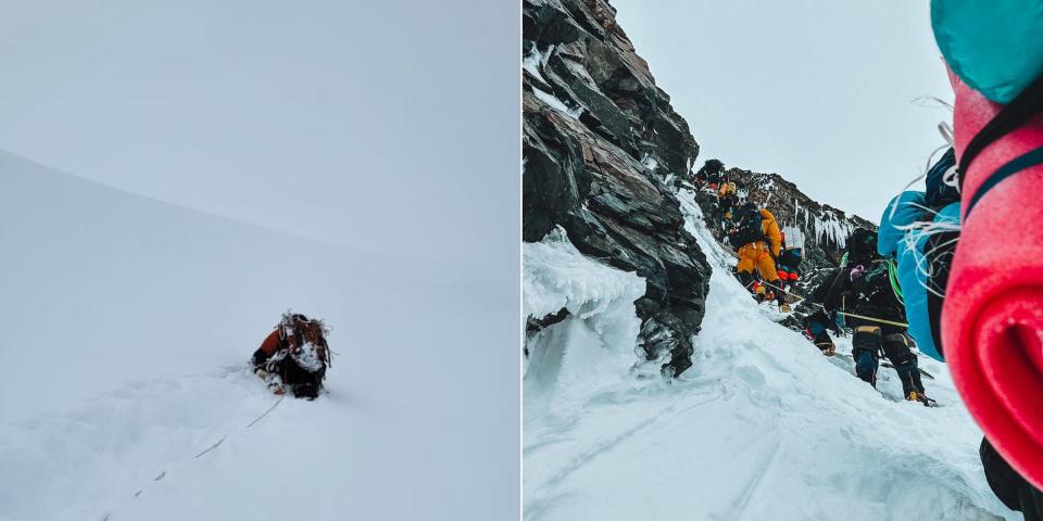 L: Friere was one of those fixing lines to the upper camps in near white-out conditions. R: Climbers make their way to the upper camps