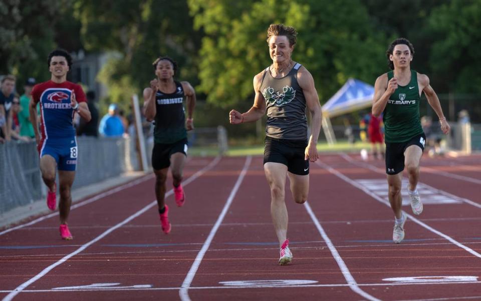 Pitman’s Blayne Siebert won the 200 and 100 meter races at the CIF Sac-Joaquin Section Masters Track Championship at Davis High School in Davis, Calif., Saturday, May 18, 2024.