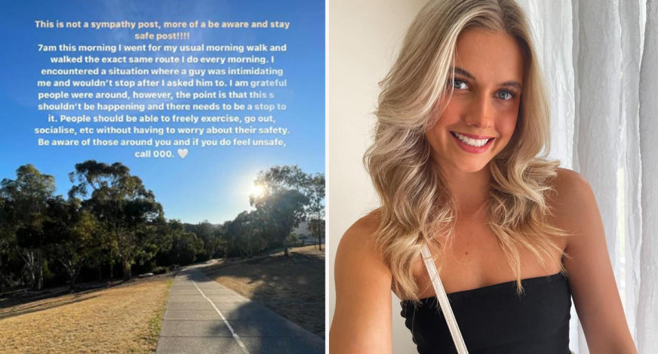 (Left) screen shot from Mikayla Gradara's Instagram showing walking track. (Right) Mikayla Gradara smiling wearing black top. 