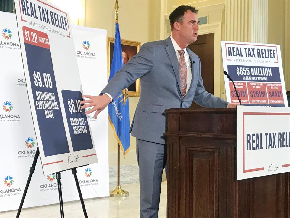 Gov. Kevin Stitt speaks to reporters about his tax cut proposals April 19, 2023.