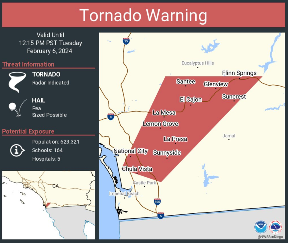 Tornado warning issued on Tuesday for the San Diego area (NWS)