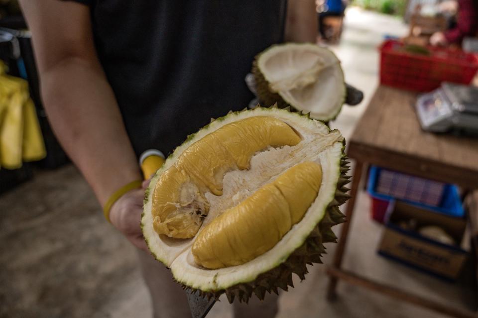 A worker shows a variety of durian called 