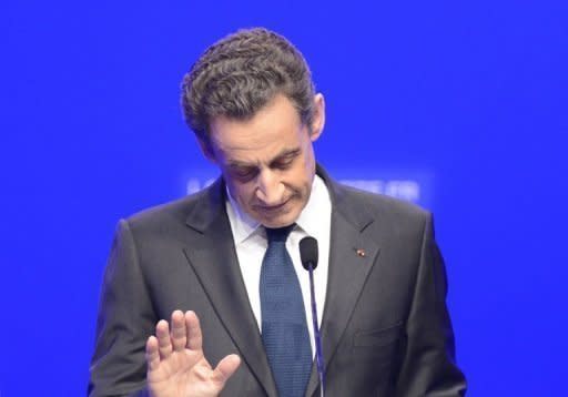 Right-wing incumbent candidate Nicolas Sarkozy addresses his supporters after the second round results of the French Presidential elections in Paris at " La Mutualite"