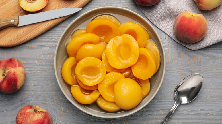 Plate of canned peaches