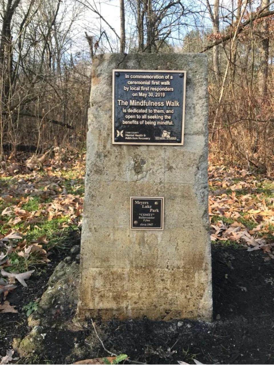 A pillar and plaques recognize the site of the Comet roller coaster at the former Meyers Lake Amusement Park.