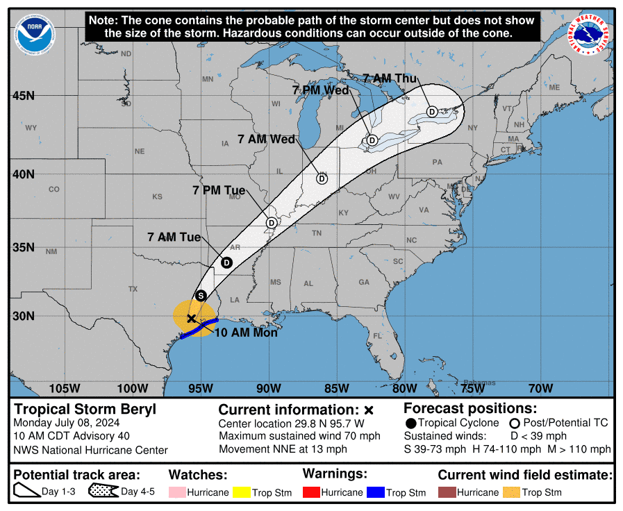 Tropical Storm Beryl's path as of 10 a.m. Monday, July 8, 2024