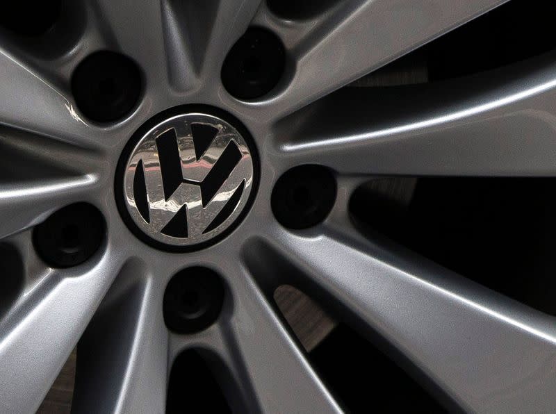 The manufacturer's badge is displayed on a VW car in London, Britain