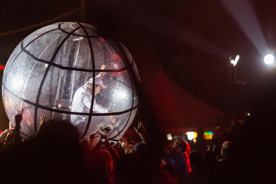 Diplo walks across the crowd in an inflated ball during a Major Lazer set Oct. 7, 2016, at the Austin City Limits Music Festival.