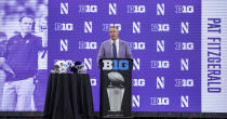 Northwestern head coach Pat Fitzgerald speaks during an NCAA college football news conference at the Big Ten Conference media days, Thursday, July 22, 2021, at Lucas Oil Stadium in Indianapolis. (AP Photo/Doug McSchooler)
