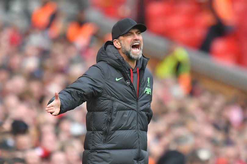 Liverpool's Manager Jürgen Klopp during the Premier League match between Liverpool FC and Crystal Palace at Anfield on April 14, 2024 in Liverpool, England.