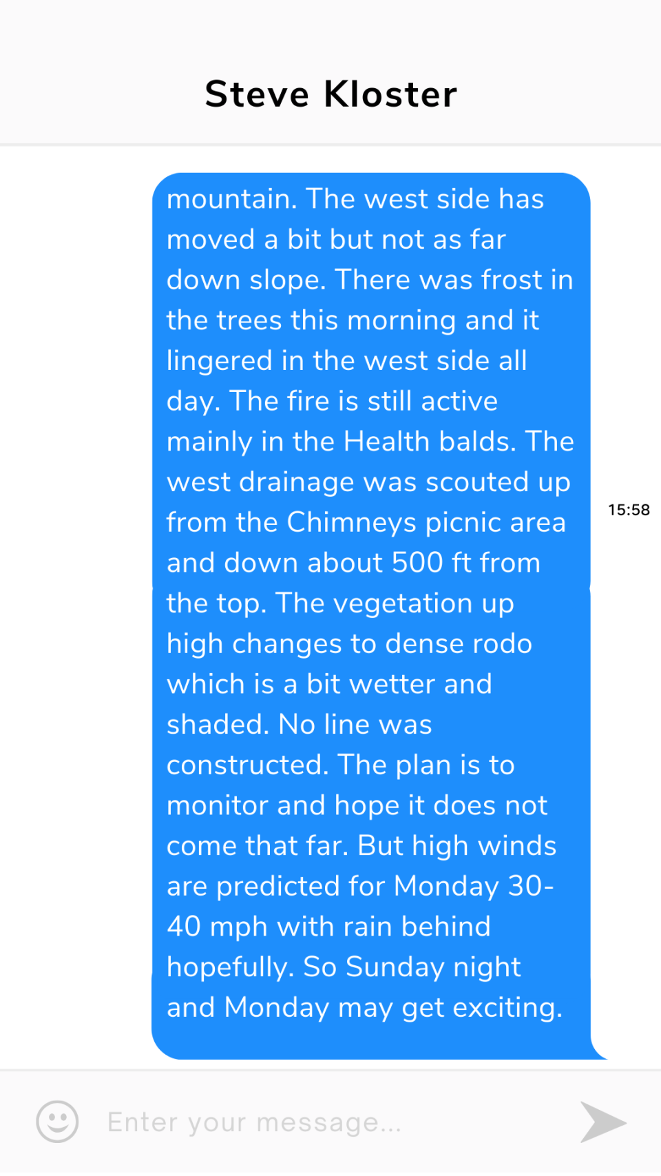 "Monday may get exciting," texted Greg Salansky, the man in charge of fighting the Chimney Tops 2 wildfire in 2016. Corresponding texts show it was sent at 5:58 p.m., though it's listed as 15:58 (or 3:58 p.m.) here.