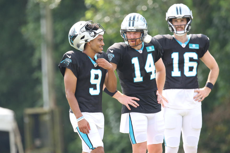 SPARTANBURG, SC - AUGUST 06: Carolina Panthers quarterback Bryce Young (9), -c14=and Carolina Panthers quarterback Jake Luton (16) during the NFL Carolina Panthers training camp on August 6, 2023, at Wofford College campus in Spartanburg, S.C. (Photo by John Byrum/Icon Sportswire via Getty Images)