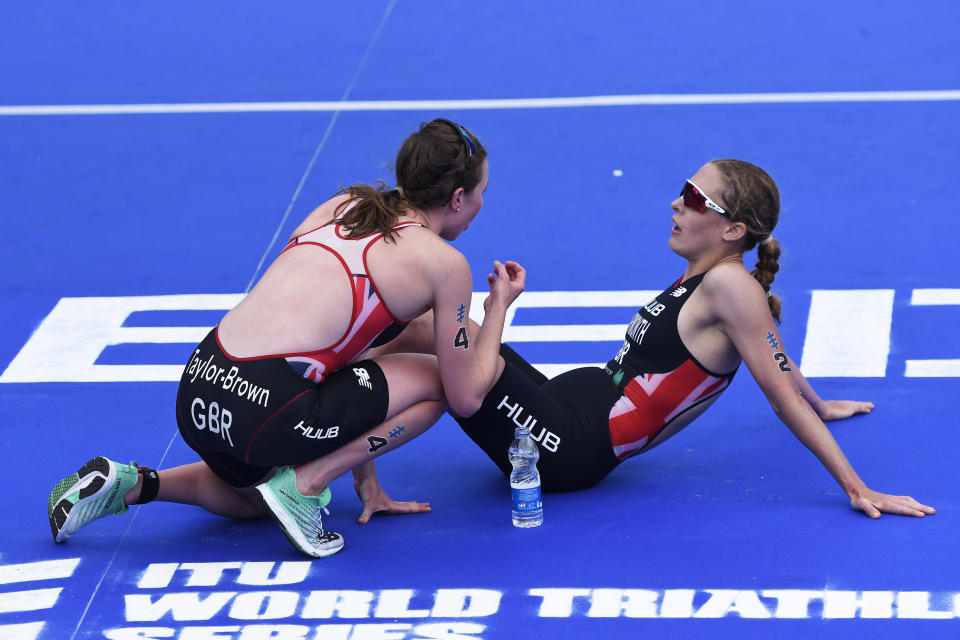 LEEDS, ENGLAND - JUNE 09: Georgia Taylor-Brown of Great Britain congratulates Jessica Learmonth of Great Britain after the AJ Bell World Triathlon - Leeds on June 09, 2019 in Leeds, England. (Photo by George Wood/Getty Images)