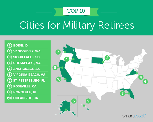 Image is a map by SmartAsset titled &quot;Top 10 Cities for Military Retirees.&quot;